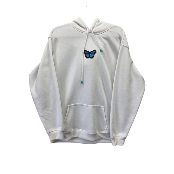 Vivre La Vie Tops - Vivre La Vie Womens White Butterfly Patch Hoodie Sweatshirt Size Large Blue Bead